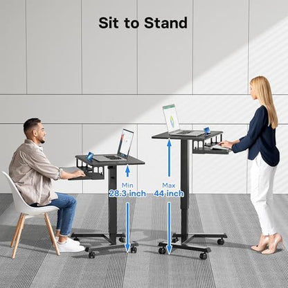BONTEC Mobile Standing Desk with Keyboard Tray, Mobile Podium on Wheels | Rolling Laptop Sit Stand Desk, Adjustable Height Desk Up to 33lbs, Portable Computer Workstation Cart for Living Room, Office - color: Black