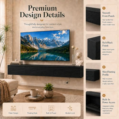Black Floating TV Stand, 68.9 inch Wall Mounted Media Console with Storage | Mounted TV Console for Living Room,for 75"–80" TVs. - color: Black-h