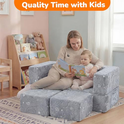 MeMoreCool Glow Dinosaur Kids Couch, Gray Modular Fold Out Play Couch | Glow Dino Foam Kids Sofa Set, Machine-Washable Cover - color: Grey Dinosaur
