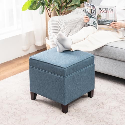 Linen Storage Ottoman with Wooden Legs, 17" Square Upholstered Flip-Top Footrest Stool, Extra Seat or Coffee Table for Living Room, Bedroom, Entryway, Blue - color: Blue
