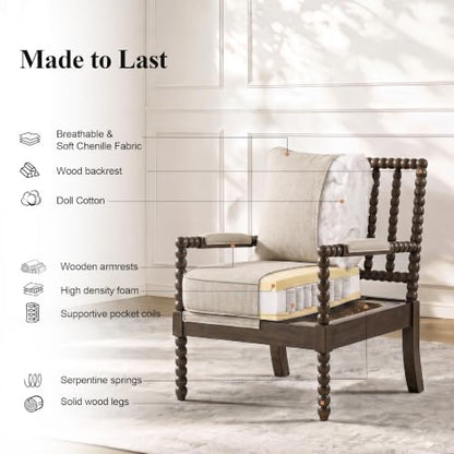 DUHOME Chenille Fabric Spindle Accent Chair with Wood Frame,Bobbin Chair with High Resilience Spring Cushion and Armrest Pads, Leisure Armchair for Living Room Bedroom Farmhouse Home Office Belcony - color: Dark Walnut+grey, size: 1 pc