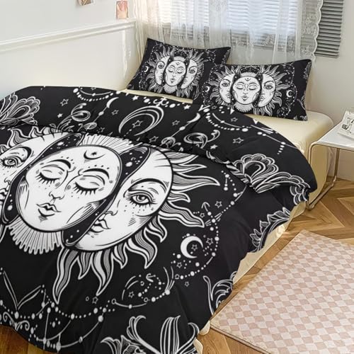 Black and White Sun and Moon 3 Piece Reversible Bedding Set 90"x90",Double Sided Brushed Microfiber Duvet Cover Set with 2 Pillowcases Soft Breathable Comforter Cover for Home - color: Black and White Sun and Moon, size: 90"x90"
