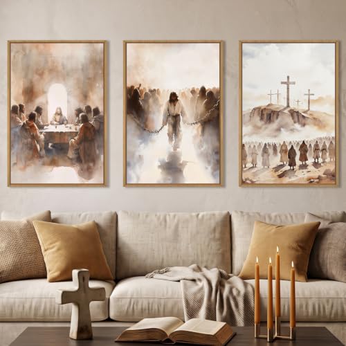 LHIUEM Large Jesus Neutral Framed Canvas Wall Art Set,Christ Church Wall Decor,Christian Bible Story Religious Easter Last Supper Artwork for Living Room,Churches,Prayer Room Decor- 16''x24''x3 - color: Neutral Jesus Wall Art, size: 24"L x 16"W