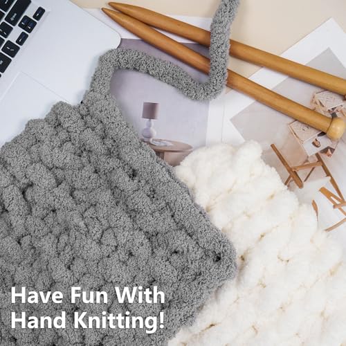 Cozyful Chunky Yarn for Hand Knitting - #10 Chunky Chenille Yarn, Jumbo Big Thick Chunky Yarns for Crocheting, Super Bulky Chunky Knit Blanket Yarns, 8 Skein (22yd, 8oz/Skein), Cream & Grey - color: Cream & Light Grey