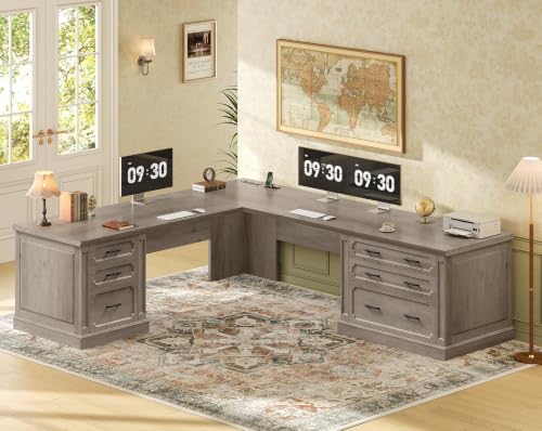 SEDETA Farmhouse 78.8" L Shaped Desk with 6 Drawers, Home Office Desk with Power Outlet, File Cabinet Storage, Wood Corner Computer Desk for Work and Study, Gray - color: Grey, size: 78.8" L Shaped Desk