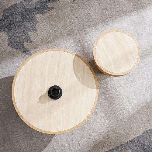 Round Nesting Coffee Table Set of 2 with Sintered Stone Tabletop & Sturdy Base, Modern Circle Center Tables Tea Table for Living Room, Easy Assembly - 35.43" & 19.49", Natural - color: Nesting Coffee Table With Sintered Tabletop,natural