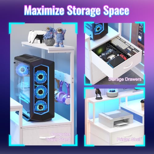 63" Computer Desk with Drawers, Storage Shelves and Printer Stand | White Gaming Desk with Monitor Stand and LED Lights, Reversible Home Office Desk with Printer Shelf - color: White