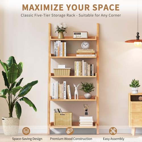 Uniclinens Natural Wooden Ladder Shelf, 5-Tier Ladder Bookshelf, Ladder Shelf Bookcase for Compact Spaces, Wooden Bookshel for Living Room, Bedroom, Home Office,(23.6''Dx15.7''Wx55.1''H) - color: Natural