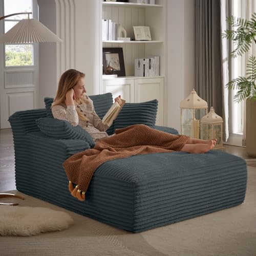 67 Inch Chaise Lounge Chair Indoor, Oversized Corduroy Upholstered Boneless Sofa Bed, Deep Seat Sleeper Couch Reading Chairs, Cloud Sofas Couches for Living Room, No Assembly Required (Dark Grey) - color: Dark Grey, size: 50"W x 67"D