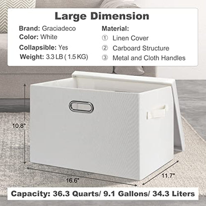 Graciadeco Large 17" 36 Quart Collapsible Stackable Storage Bins with Lids, 1 Pack White Foldable Fabric Closet Storage Boxes with Lids, 4 Handles Heavy-duty Linen Cube Baskets for Bedroom | 36 Quart 1 Pack White Collapsible Stackable Linen Fabric 4 Handl