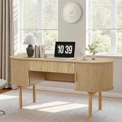 Executive Office Desk with Storage, 63 Inch Large Computer Workstation Desk with Drawer and File Cabinets, Mid Century Modern Fluted Wood Writing Desk for Home Office, Study Room, Living Room, Natural - color: Natural
