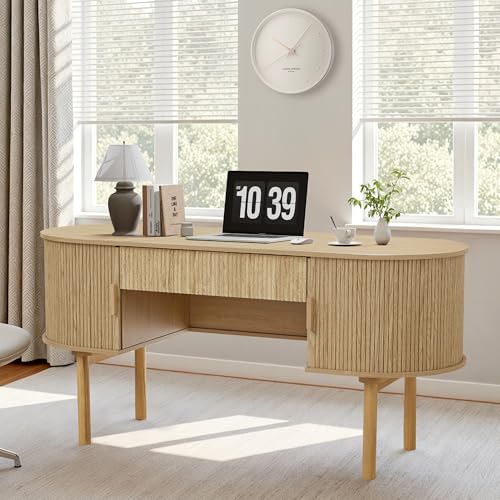 Executive Office Desk with Storage, 63 Inch Large Computer Workstation Desk with Drawer and File Cabinets, Mid Century Modern Fluted Wood Writing Desk for Home Office, Study Room, Living Room, Natural - color: Natural