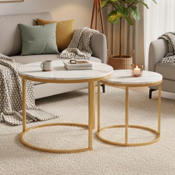 Nesting Side Tables, Coffee Table Set of 2 with Sturdy Metal Frame, Modern Industrial Simple Nightstand for Living Room Bedroom Apartment (White+Gray) - color: White+gray