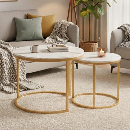 Nesting Side Tables, Coffee Table Set of 2 with Sturdy Metal Frame, Modern Industrial Simple Nightstand for Living Room Bedroom Apartment (White+Gray) - color: White+gray