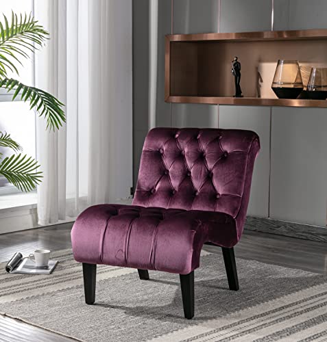 Comfy Velvet Accent Chair, Tufted Armless Side Chair with Rolled Edge | Modern Small Lounger for Living Room, Upholstered Reading Chaise Lounge with Solid Rubber Wood Legs, Purple - color: Purple, size: Set of 1