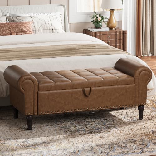 YOUDENOVA 51" Entryway Bench with Storage, PU Leather End of Bed Bench with Tufted Button, Upholstered Ottoman Bench with Rolled Arms for Living Room, Storage Room, Bedroom, Brown - color: Brown, size: 51 Inches