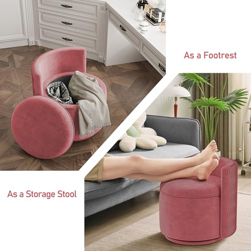 allamazing 360° Swivel Accent Chair with Storage, Vanity Stool with Back, Velvet Storage Ottoman, Upholstered Round Barrel Vanity Chair for Living Room, Makeup Room, Bedroom (Dusty Rose) - color: Dusty Rose