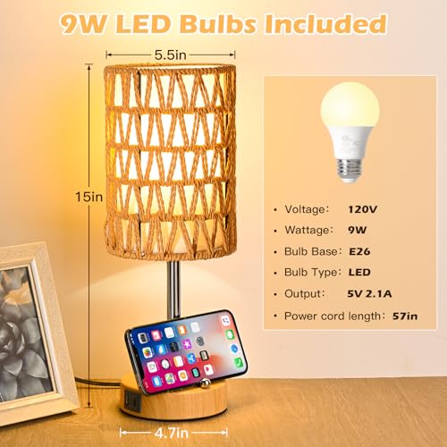Rattan Table Lamps for Living Room, 3 Way Dimmable Touch Lamps, Small Bedside Lamps with LED Bulbs, Phone Stand, USB Ports and AC Outlet, Boho Nightstand Lamp for Bedroom Office (2 Pack Faux Wood) - size: 2 Pack Faux Wood