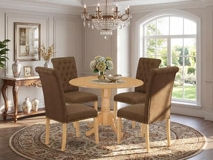 East West Furniture DLBR5-OAK-18 5 Piece Dining Room Table Set Includes a Round Dining Table with Dropleaf and 4 Brown Linen Linen Fabric Upholstered Parson Chairs, 42x42 Inch, Oak - color: Dlbr5-oak-18