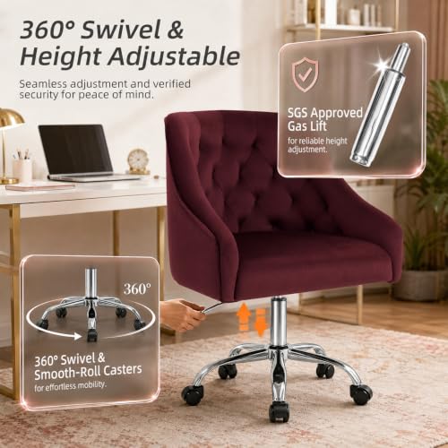 MOJAY Velvet Office Swivel Chair, Vanity Fabric Desk Pretty Fancy Gold Office Chairs for Girls, 360°Swivel Height Adjustable Reception Chair (Burgundy) - color: Burgundy