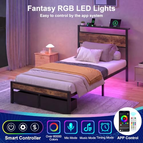 Twin Bed Frame with 2 Drawers and Storage Headboard, Metal Platform with LED Lights and Charging Station, No Box Spring Needed, Noise Free, Easy Assembly