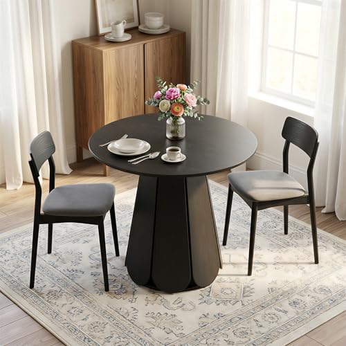31.5" Round Dining Table, Small Circle Kitchen Table for 2-4 People, Modern Farmhouse Wood Dinning Room Tables with Pedestal Base, Space Saving Dinner Tables for Small Spaces, Mesa de Comedor, Black - color: Black