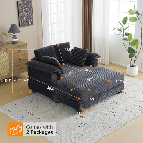 VINGLI 56" Oversized Chaise Lounge Chair, Dark Grey Comfy Corduroy Chaise Sofa Recliner Bed Upholstered Sleeper Couch Bed with Throw Pillows and Armrests for Living Room, Movie Room, Bedroom - color: Dark Grey, style: Modern
