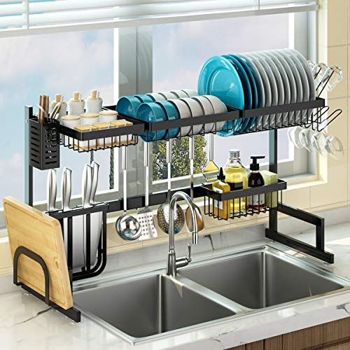 PUSDON Over Sink Dish Drying Rack Stainless Steel, Adjustable Large Dish Drainer for Storage Kitchen Organization Black 2 Tier - Standard(26"-38") - color: Black, size: 2Tier - out of stock