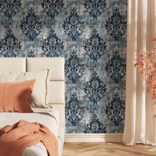 Vintage Ink Blue Navy Damask Flower Peel and Stick Wallpaper Wall Decor Self Adhesive Wall Paper Stick on Easy Peel Off Contact for Renter Apartment - color: Ink/Blue, size: 17.7" x 236"