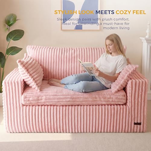 MAXYOYO Boneless Couch, 59-Inch Couch in a Box, Deep Loveseat | Foam-Filled Boneless Loveseat, Deep Seating for Two with No Assembly, Ideal for Living Rooms, Bedrooms or Apartments, Pink - color: Pink