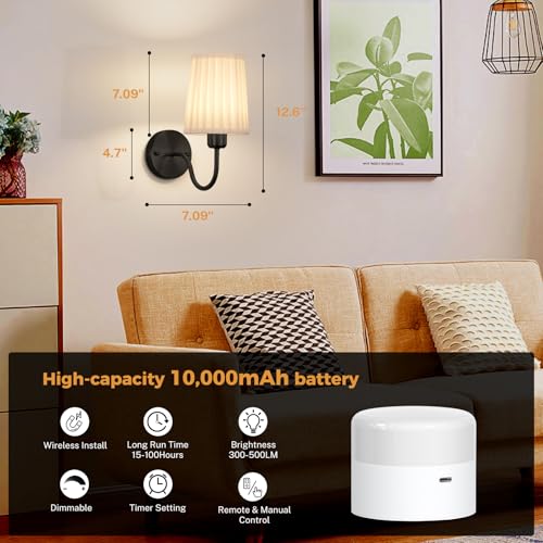 Battery Operated Wall Sconce Set of 2, Rechargeable Wall Sconces with 10000mAh Dimming Magnetic Bulb, Wireless Battery Powered Wall Lights with Pleated for Bedroom Living Room Gallery Hallway,Black - color: Black-White