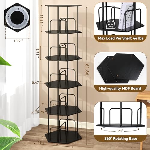 SUNMORY 5 Tier Rotating Bookshelf Tower, Revolving 360 ° Spinning Bookcase | Hexagonal Corner Book Shelf Storage Carousel, Vertical Rotate Turning Organizer Book Shelves for Living Room Office Bedroom - color: Black, size: 5 Tier