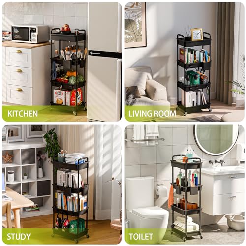 Sorgion 4 Tier Rolling Cart Organizer,Art Craft Diaper Bedside Snack Laundry Room Bathroom Organizer Narrow Thin Slim Rolling Trolley Utility Cart with Wheels for Kitchen,Office(Black) - size: 4Tier-Black