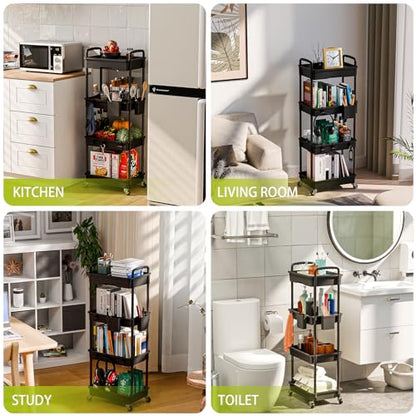 Sorgion 4 Tier Rolling Cart Organizer,Art Craft Diaper Bedside Snack Laundry Room Bathroom Organizer Narrow Thin Slim Rolling Trolley Utility Cart with Wheels for Kitchen,Office(Black) - size: 4Tier-Black