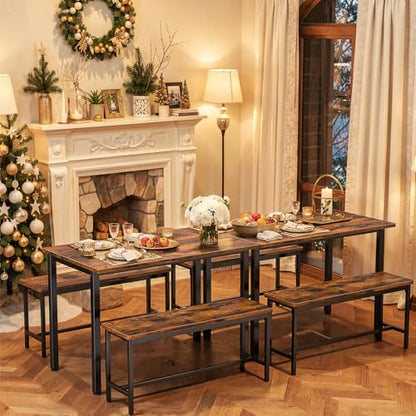 Dining Table Set for 4, Kitchen Table with 2 Benchs, Brown | Modern Functional 3 Piece Space-Saving Dining Room Table Set for Apartment, Breakfast Nook, Small Space - color: Brown