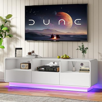 RoyalCraft TV Stand for TVs Up to 65", Modern White Entertainment Center with 3 Storage Drawers and LED Lights, Curved Wood Media TV Console for Living Room, Bedroom - color: White