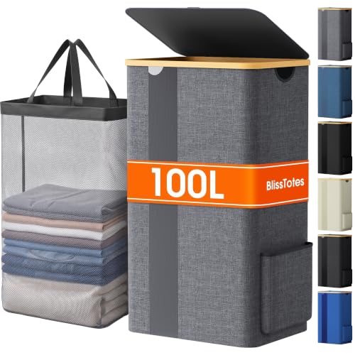 BlissTotes 100L Laundry Basket Hamper with Lid & Removable Bag,Light Grey | Clothes Laundry Hamper with Handles,Breathable Design Hamper for Bedroom, Bathroom, Dorm, Laundry Room - color: Light Grey, size: 100l