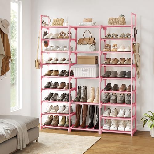 WOWLIVE 9 Tier 3-Column Shoe Rack, 50-55 Pairs Stackable Pink | 50in Long for Larger Entryways, Removable Shelves Fit Tall Boots, Split into Multiple Units for Garage Closet - color: Pink, size: 3 Row 9 Tier