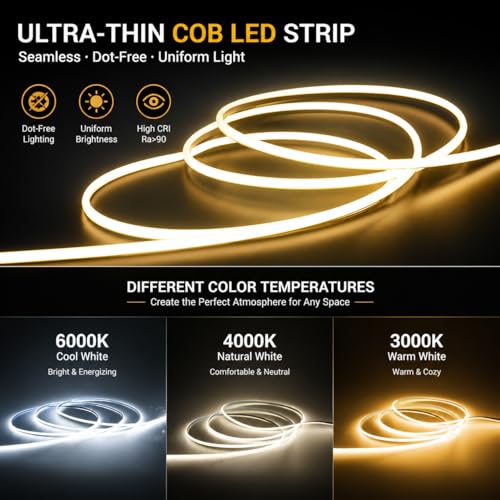 5V USB 3mm Ultra-Thin LED COB Light Strip,400LEDs/M Touch Dimmer COB Strip. | 5V USB Powered COB Lights for TV Under Cabinet Kitchen Living Room Shelving or Displays