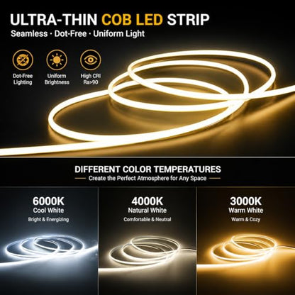 5V USB 3mm Ultra-Thin LED COB Light Strip,400LEDs/M Touch Dimmer COB Strip. | 5V USB Powered COB Lights for TV Under Cabinet Kitchen Living Room Shelving or Displays
