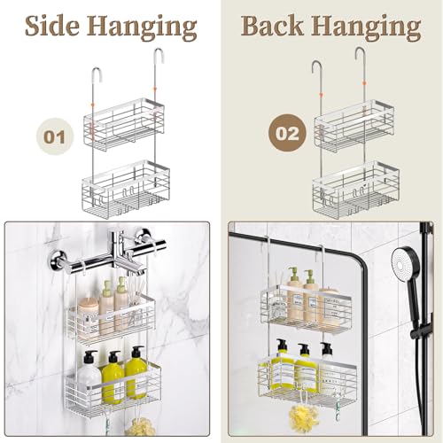 DELLAN Hanging Shower Caddy, 2-Tier Shower Rack with Hooks Over the Door | Bathroom Shower Caddy and Basket - color: Silver, size: 2-Tier 11"D x 4.7"W x 4.1"H