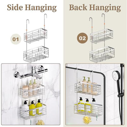 DELLAN Hanging Shower Caddy, 2-Tier Shower Rack with Hooks Over the Door | Bathroom Shower Caddy and Basket - color: Silver, size: 2-Tier 11"D x 4.7"W x 4.1"H