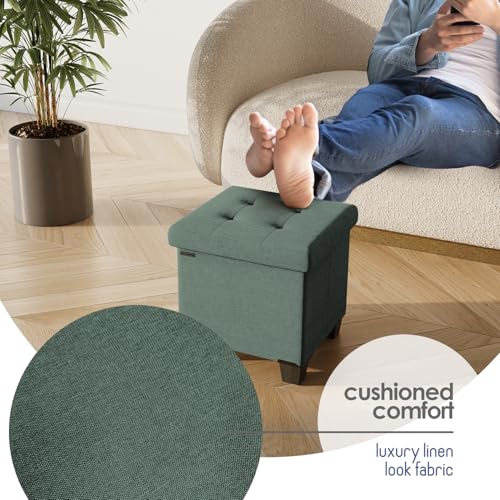 Storage Ottoman Cube with Small Bin, 15-in Square Ottoman with Storage for Living Room and Bedroom, Small Ottomans Foot Rest, Fabric Foot Stools Ottomans Max 330lbs, Green - color: 03 - Green