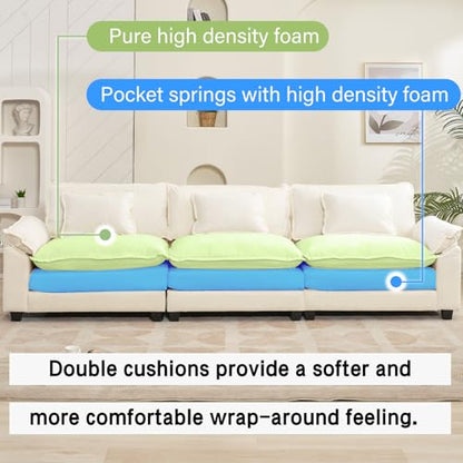 120" Modular Sectional Sofa, Comfy 3 Seater Deep Cloud Couch | Couches for Living Room, Modular Couch, Deep and Wide Seat, Chenille Sofa Sleeper with Throw Pillows, Beige White - color: Beige White, size: 120 Inch