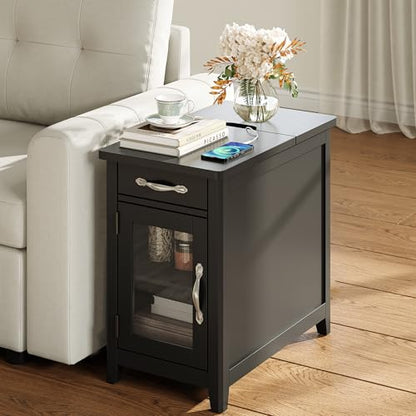 LINSY HOME End Table with Charging Station, Side Table for Bedroom with Drawer and Detachable Holder, Storage Shelf with Glass Door, Extra Storage & Display Space, Small Nightstand for Living Room | Built-in Charging Station with USB & Outlet, Drawer Stor