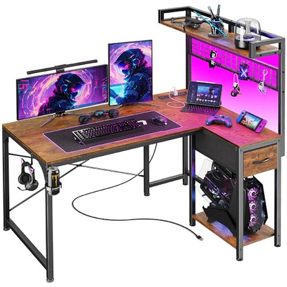 L Shaped Gaming Desk with Shelves, Corner Computer Table with LED Lights, Power Outlets and USB-C Ports, 42 Inch Reversible Home Office Desk with Storage Drawer, Work and Study, Rustic Brown
