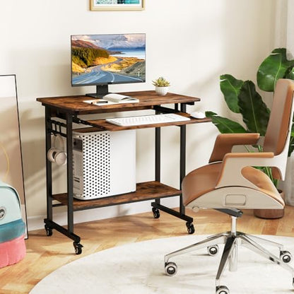GIANTEX Rolling Computer Desk, Mobile Portable Desk with Keyboard Tray & Wheels, Laptop PC Table Cart with Shelf & Hooks, Industrial Small Desk for Small Spaces, Home Office, Bedroom, Rustic Brown - color: Rustic Brown
