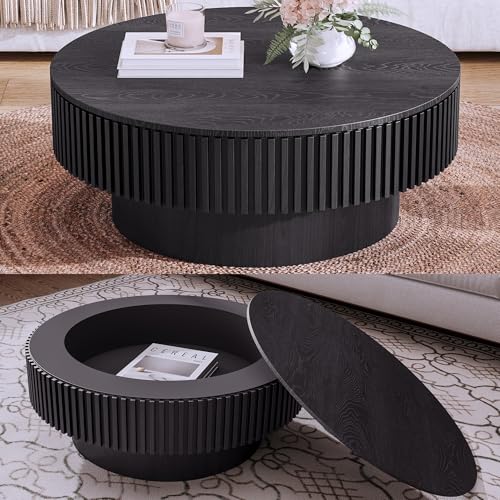 31.5'' Round Coffee Table with Storage, Modern Luxury Circle Drum Center Tables with Solid Wood Veneered, Accent Side Coffee Table for Living Room, Bedroom, Apartment-Black - color: Black Storage, size: 31.5''Round