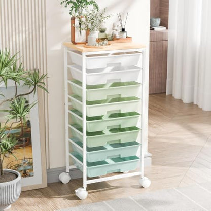 Ekisemio Utility Cart Organizers with Wheels and 8 Drawers, Little Rolling Craft Cart with Wooden Tabletop for Classroom, Office, Living Room, Craft Room, Green