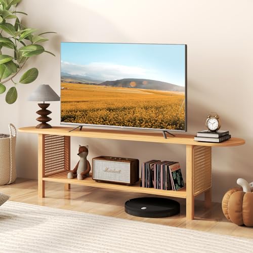 HollyHOME Bamboo TV Stand with Storage for TVs up to 65", Modern Entertainment Center with Rattan Side, Accent TV Table with 2 Shelf, Media Console TV Stand for Living Room, Bedroom, Burlywood - color: Rattan Side